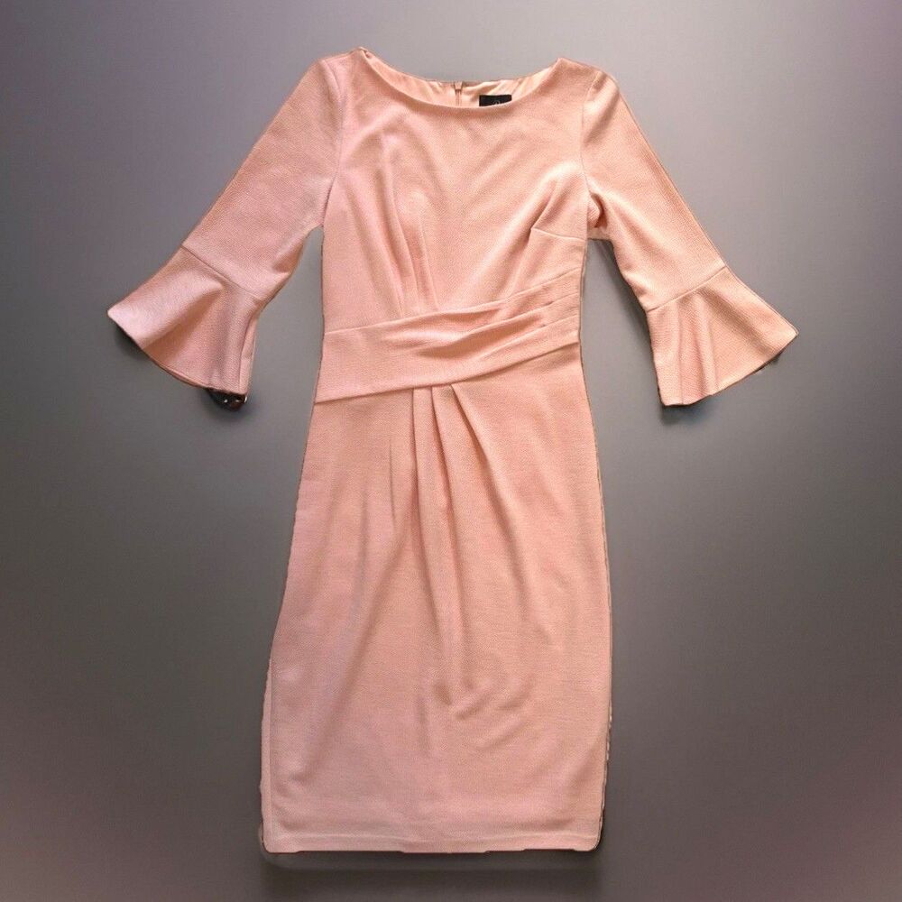 Adrianna Papell Size 2 Knit Light Blush Pink Sheath Dress Bell Sleeves Party